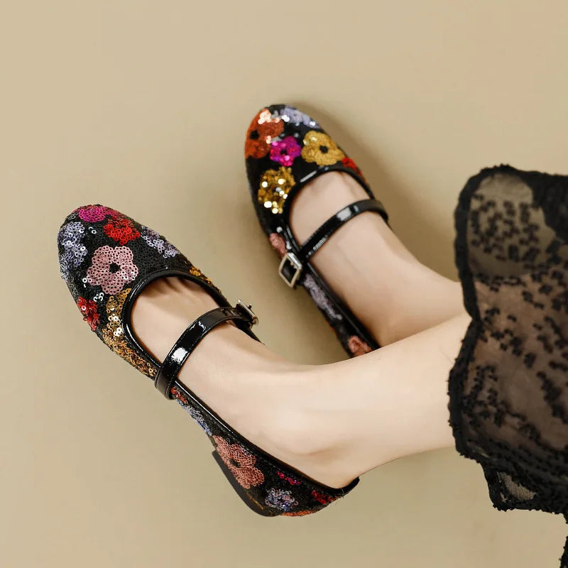 Luxury Bling Ballet Flats Women Round Toe Colorful Floral Buckle Design Mary Jane Shoes Elegant Party Shoes Comfort Flat Sandals