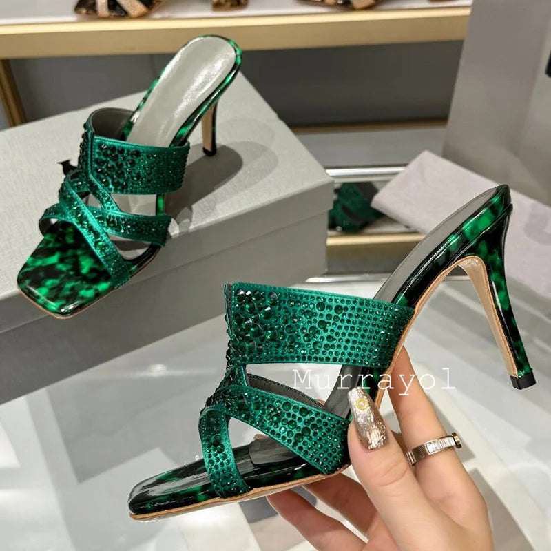 Bling Bling Luxurious Rhinestone Decor Slippers Women Square Toe Thin High Heels Sandals Summer Dress Shoes Party Wedding Shoes