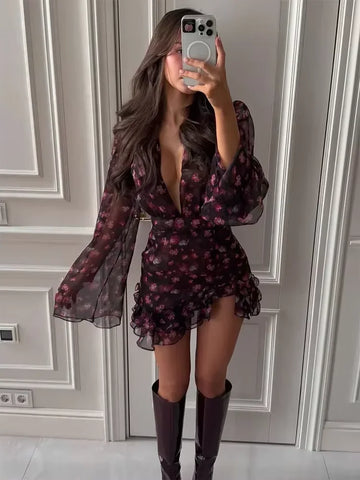 Floral Painted Ruffle Mini Dress Women Elegant Full Sleeve Deep V-neck Slim A-line Short Robe 2026 Lady Vacation Street Gown
