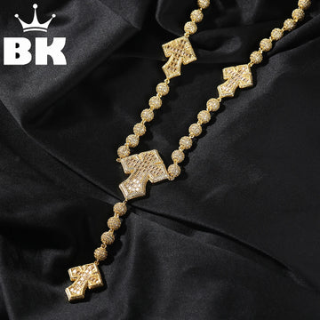 THE BLING KING Full Paved Iced Out Bling New In Cubic Zirconia HipHop Jewelry 4 Cross Bead Chain Necklace for Women Men