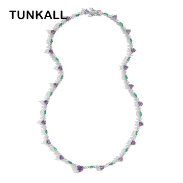 Women Bling Bling Purple Heart Stone Necklace Brass CZ Tennis Chain Necklace  BC182