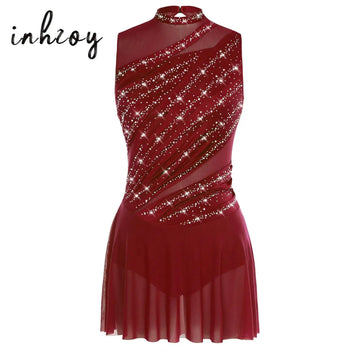 Women Ruched Ballet Lyrical Dancing Dress Round Collar Sleeveless Rhinestone Backless Dress for Stage Performance Competition