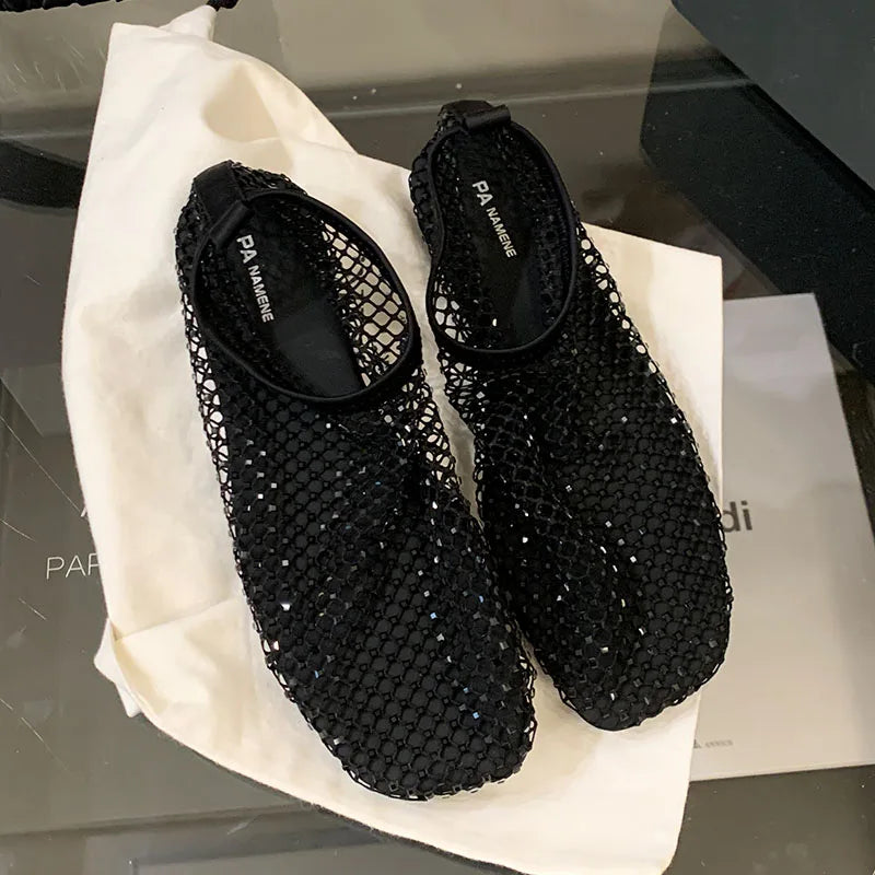 Bling Mesh Breathable Rhinestone Sandals Women Luxury Designer Flats Shoes Women Summer New Slip on Female Fashion Beach Shoes