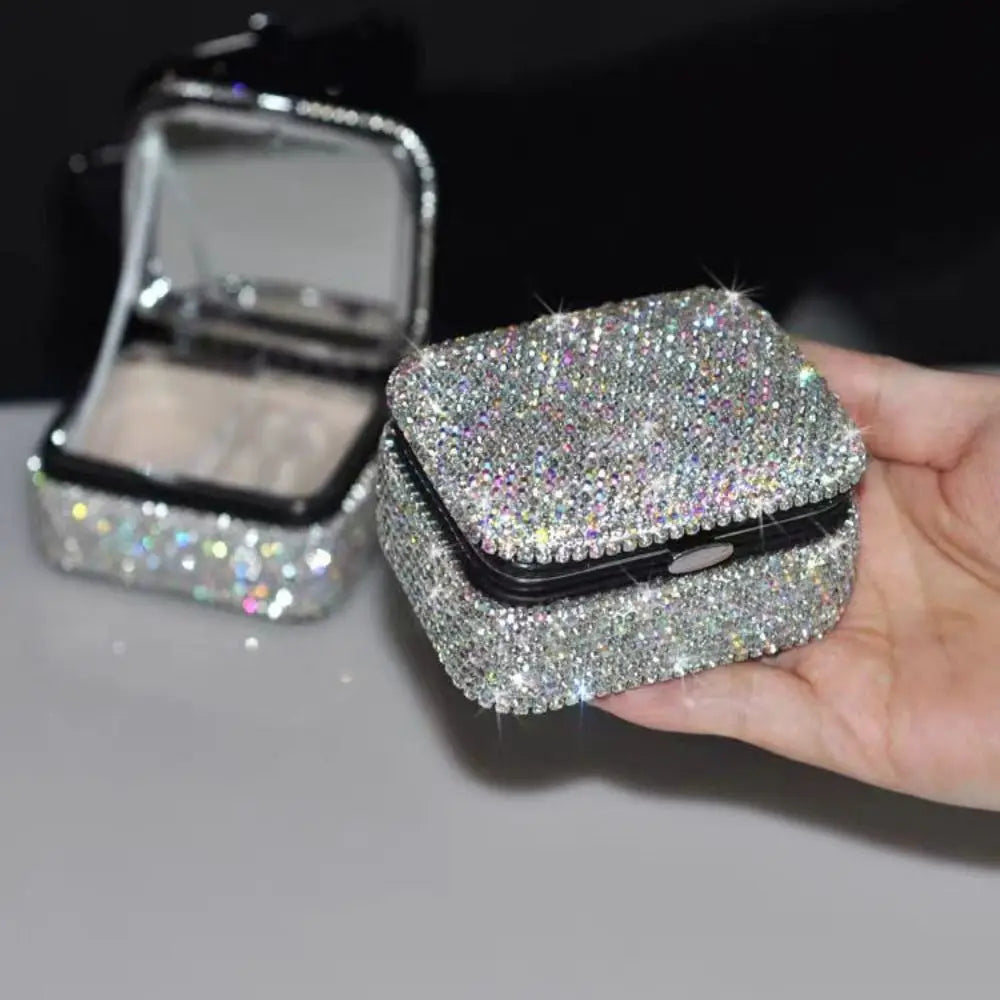 Bling Mini Jewelry Box with Mirror Creative Luxury Necklace Storage Case Square Rhinestone Diamond Jewelry Box Dressing Room