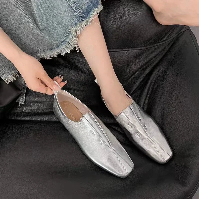 Women Flat Shoes Genuine Leather Sheepskin Comfort Flats Slip On Silver Beige Simple Shoes Spring Autumn Soft Loafers Square Toe
