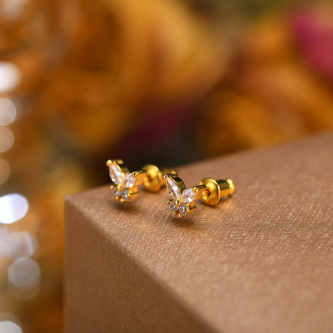 Bling CZ Stone Butterfly Stud Earrings for Women Girls, Trendy Gold Color Anti Allergy Metal Cubic Zirconia Ear Jewelry