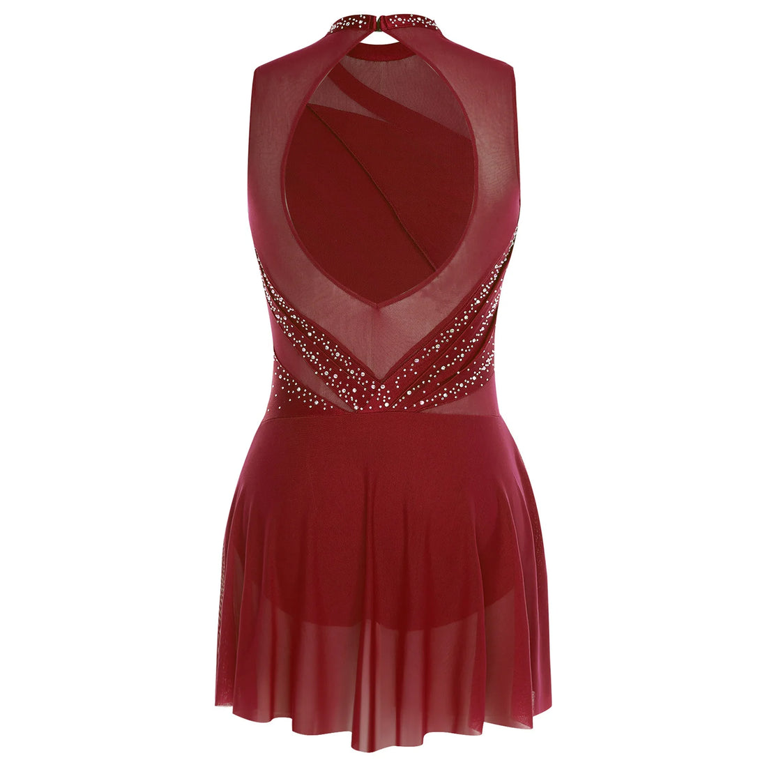 Women Ruched Ballet Lyrical Dancing Dress Round Collar Sleeveless Rhinestone Backless Dress for Stage Performance Competition