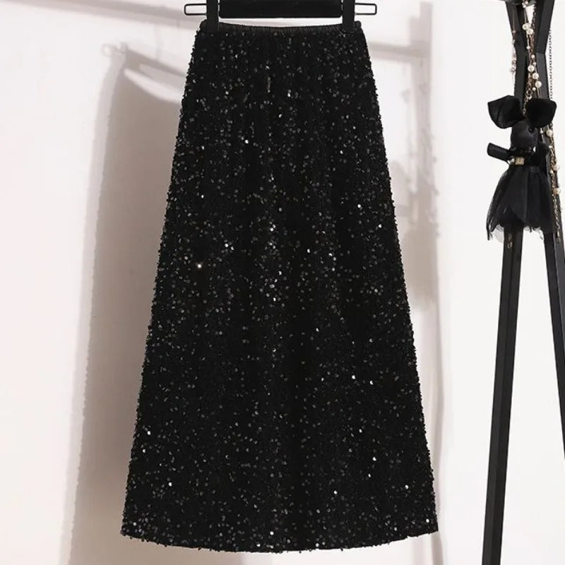 Bling Skirts for Women Elastic Waist Mid-calf Elegant Clothing Female Summer Simple Solid Sexy Girls Casual Loose Chic A-line