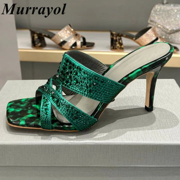 Bling Bling Luxurious Rhinestone Decor Slippers Women Square Toe Thin High Heels Sandals Summer Dress Shoes Party Wedding Shoes