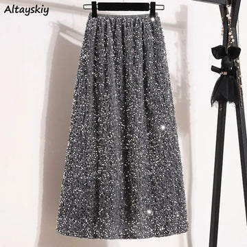 Bling Skirts for Women Elastic Waist Mid-calf Elegant Clothing Female Summer Simple Solid Sexy Girls Casual Loose Chic A-line