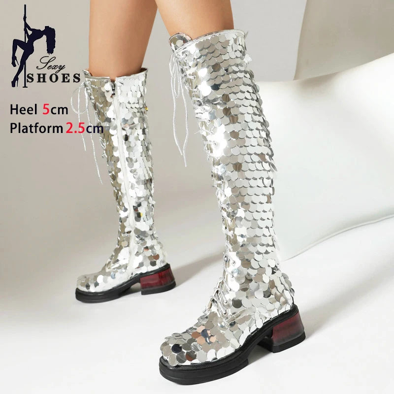 Sequined Long Boots Women Glitter Bling Nightclub Party Shoes Thick Sole Casual Lace-up High Heels Female Over-the-knee Boots