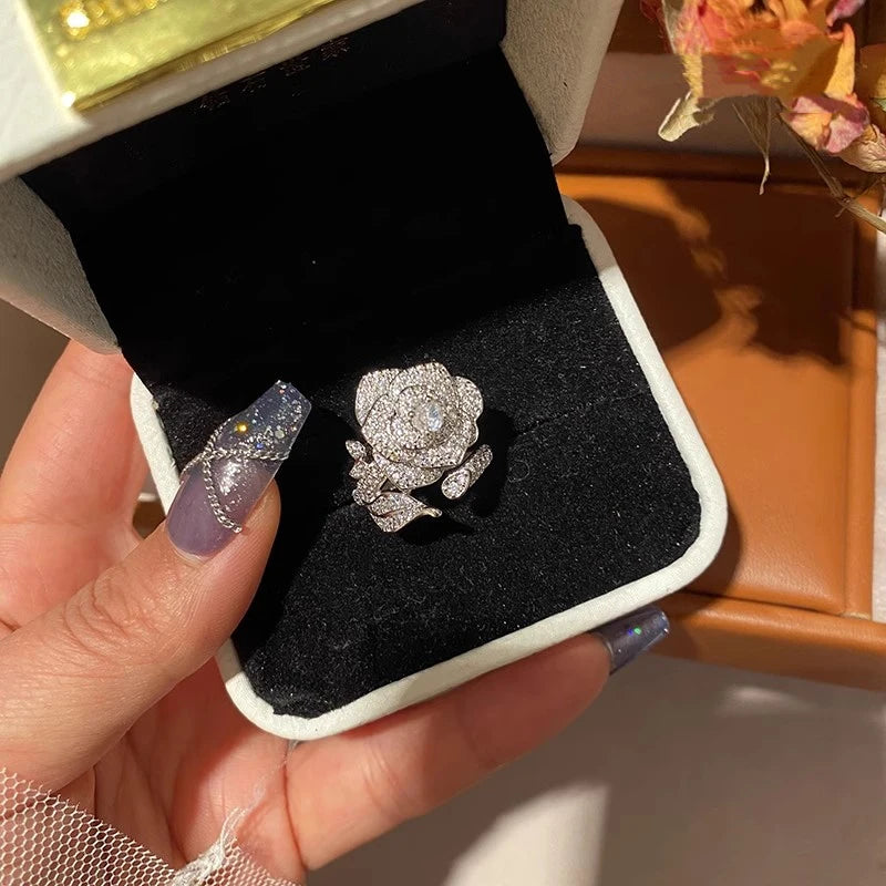 Huitan Bling Bling Rose Flower Adjustable Rings for Women Silver Color Sparkling CZ Aesthetic Rings Wedding Party Trendy Jewelry
