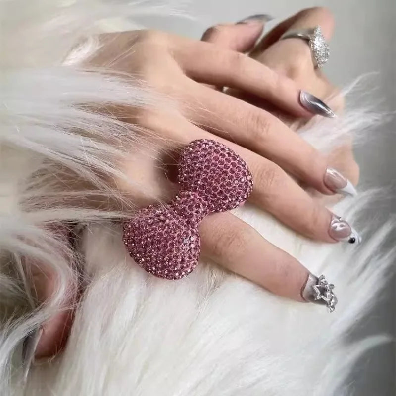 Y2K Bling Rhinestone Bow Ring Pink Adjustable Open Rings Sparkly Finger Jewelry Accessories for Sweet Women Party Daily Fashion