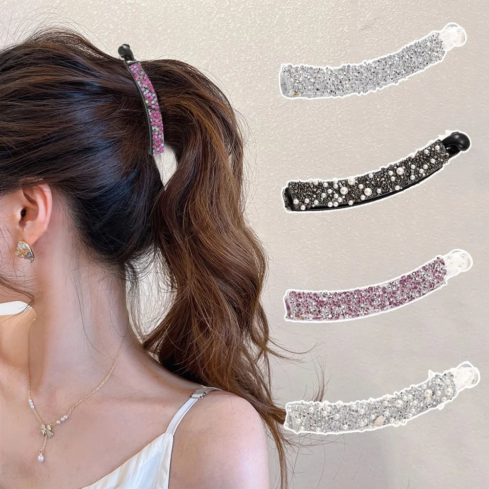 Bling Bling Crystal Banana Hair Clip For Women Back Head Hair Pins Fashion Ponytail Holder Claws Rhinestone Headdress