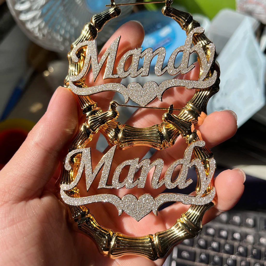 Custom Bling Name Bamboo Earrings Colorful Bamboo Hoop Earrings Big Hoops Personalized Bling Bling Earrings for Women Gifts